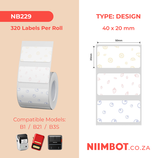 NB229 - NIIMBOT - B1 / B21 / B3S - T40X20MM - 320 LABELS PER ROLL - FRUIT SHADING DESIGN
