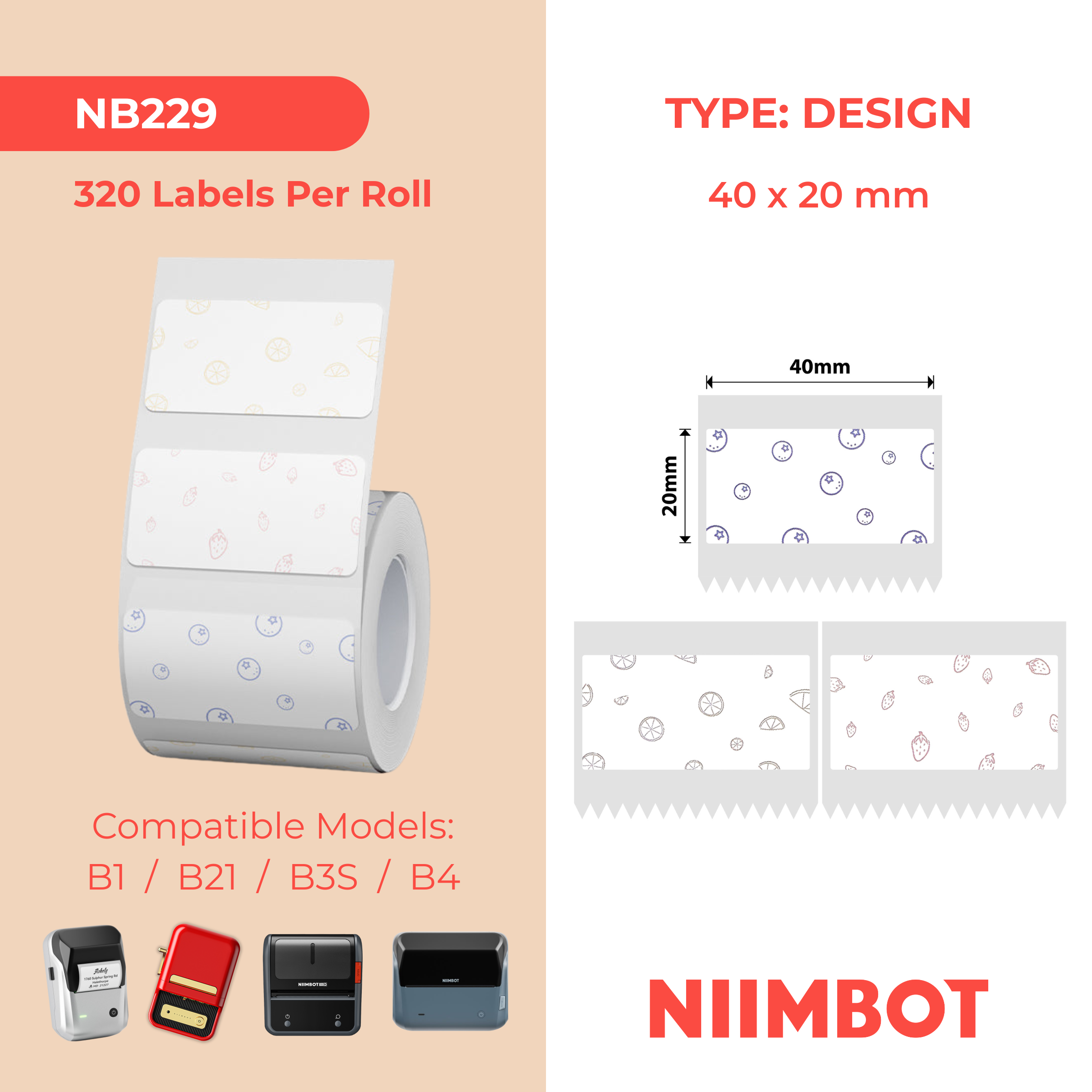 NB229 - Niimbot - B1 / B21 / B31 / B3S / B4 - 40x20mm - 320 Fruit Pattern Labels