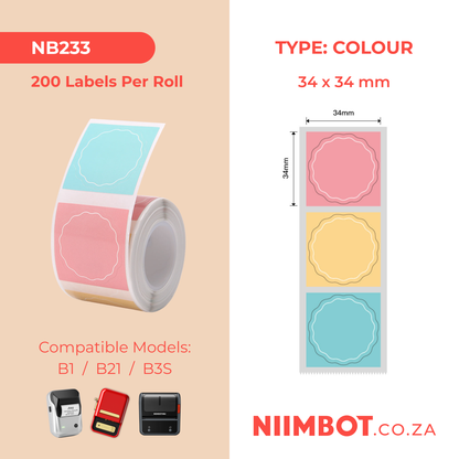 NB233 - NIIMBOT - B1 / B21 / B3S / B4 - T34X34MM - 200 WAVY ROUND THERMAL LABELS - PINK, YELLOW AND BLUE
