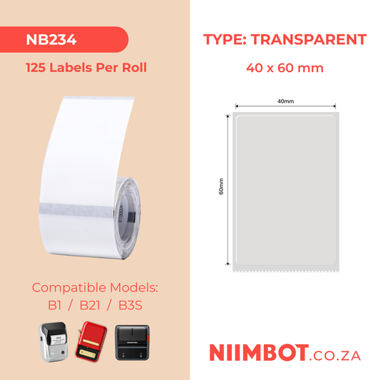 NB234 - NIIMBOT - B1 / B21 / B3S - TT40X60MM - 125 LABELS PER ROLL - TRANSPARENT
