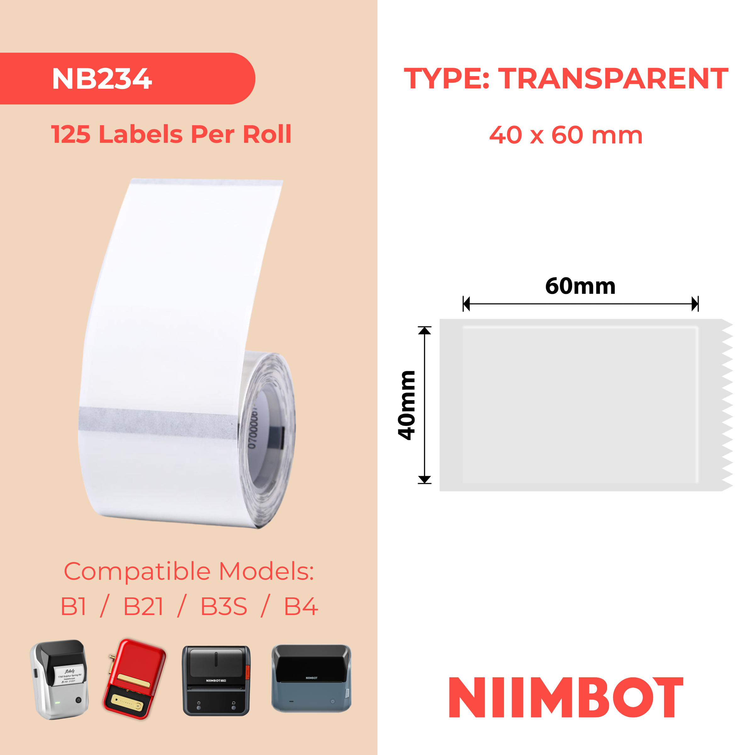 NB234 - Niimbot - B1 / B21 / B31 / B3S / B4 - 40x60mm - 125 Transparent Labels