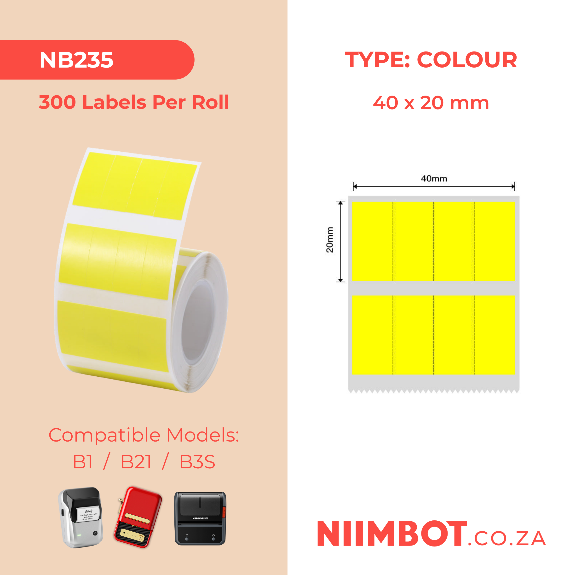 NB235 - NIIMBOT - B1 / B21 / B3S / B4 - 40X20MM - (10X20X4) - 300 THERMAL LABELS - YELLOW