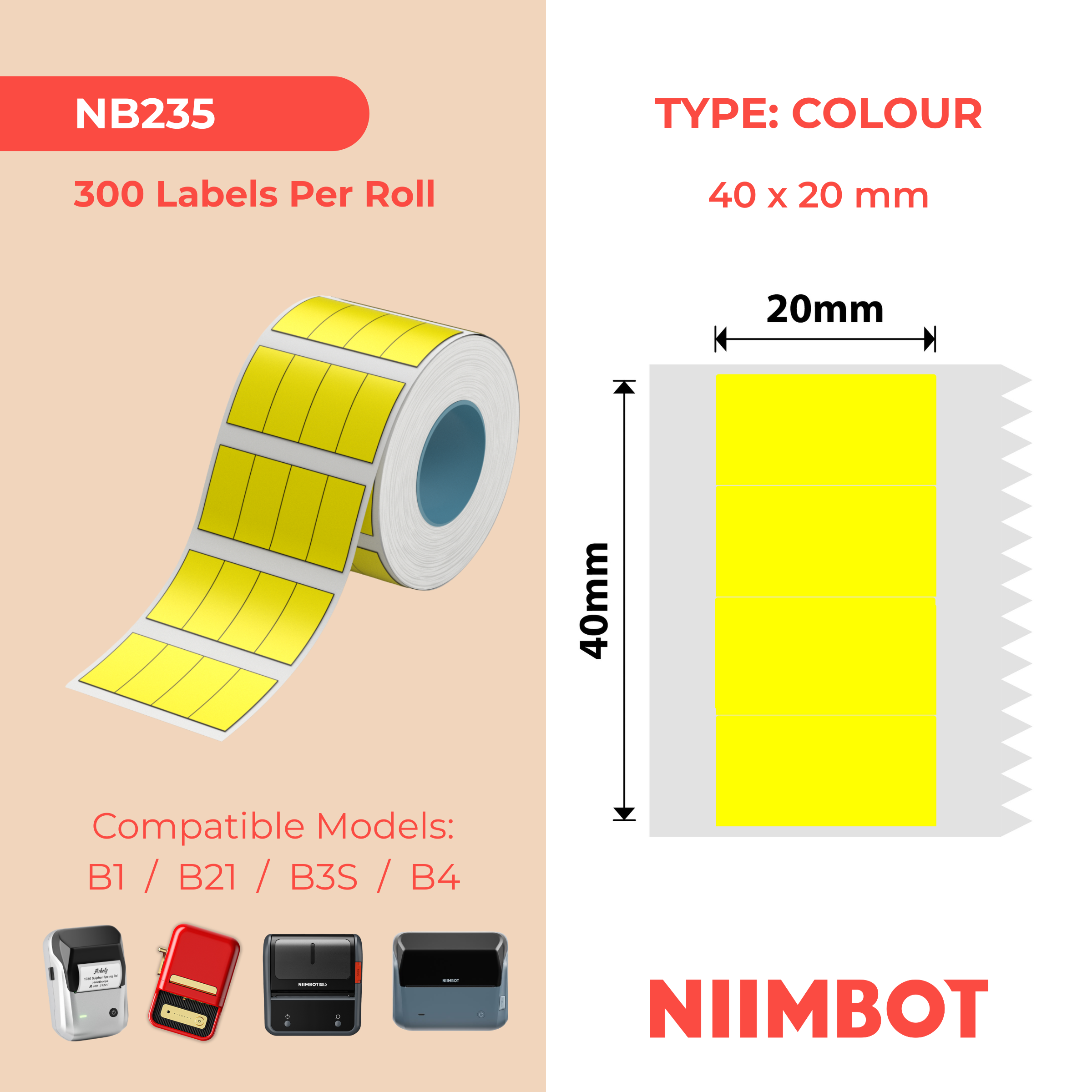 NB235 - Niimbot - B1 / B21 / B31 / B3S / B4 - 10x20mm/4R - 1,200 Yellow 4 Split Labels