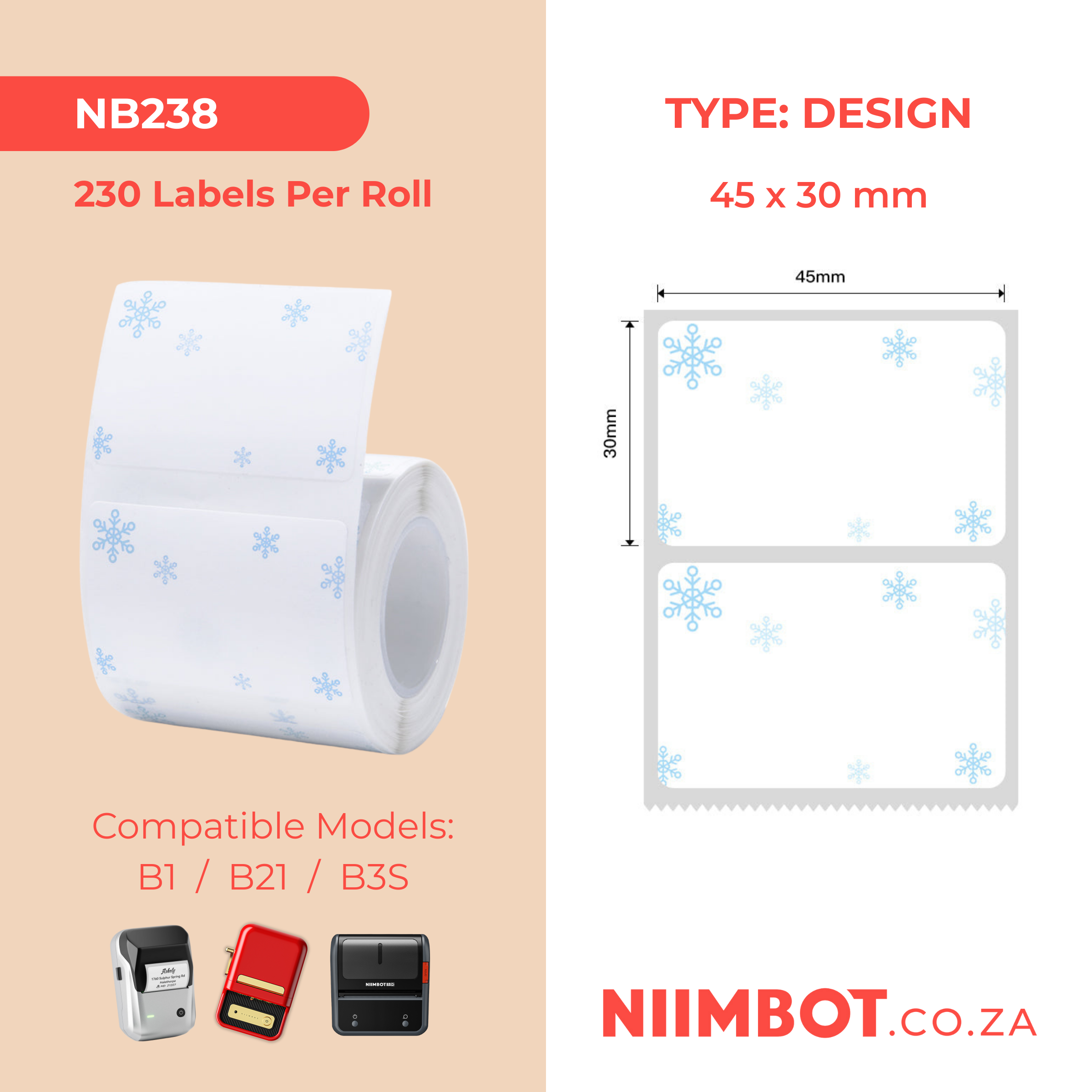 NB238 - NIIMBOT - B1 / B21 / B3S / B4 - 45X30MM - 230 LABELS PER ROLL - SNOW BLUE DESIGN