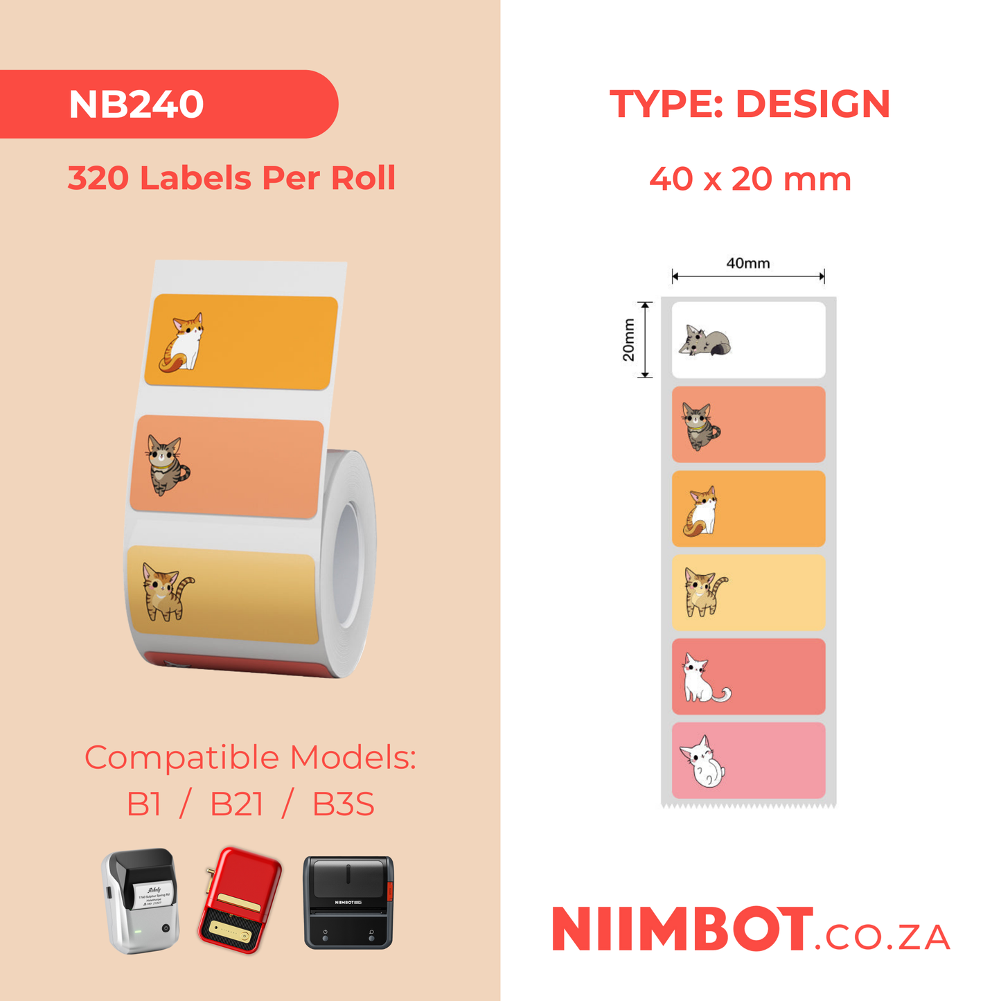 NB240 - NIIMBOT - B1 / B21 / B3S - 40X20MM - 320 RED/ORANGE THERMAL LABELS - CAT DESIGN
