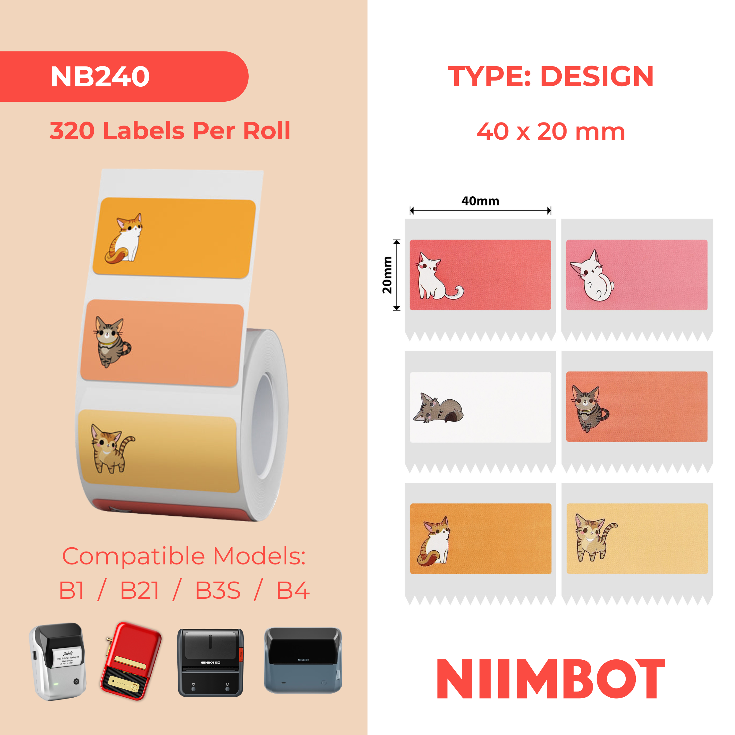 NB240 - Niimbot - B1 / B21 / B31 / B3S / B4 - 40x20mm - 320 Cat Labels