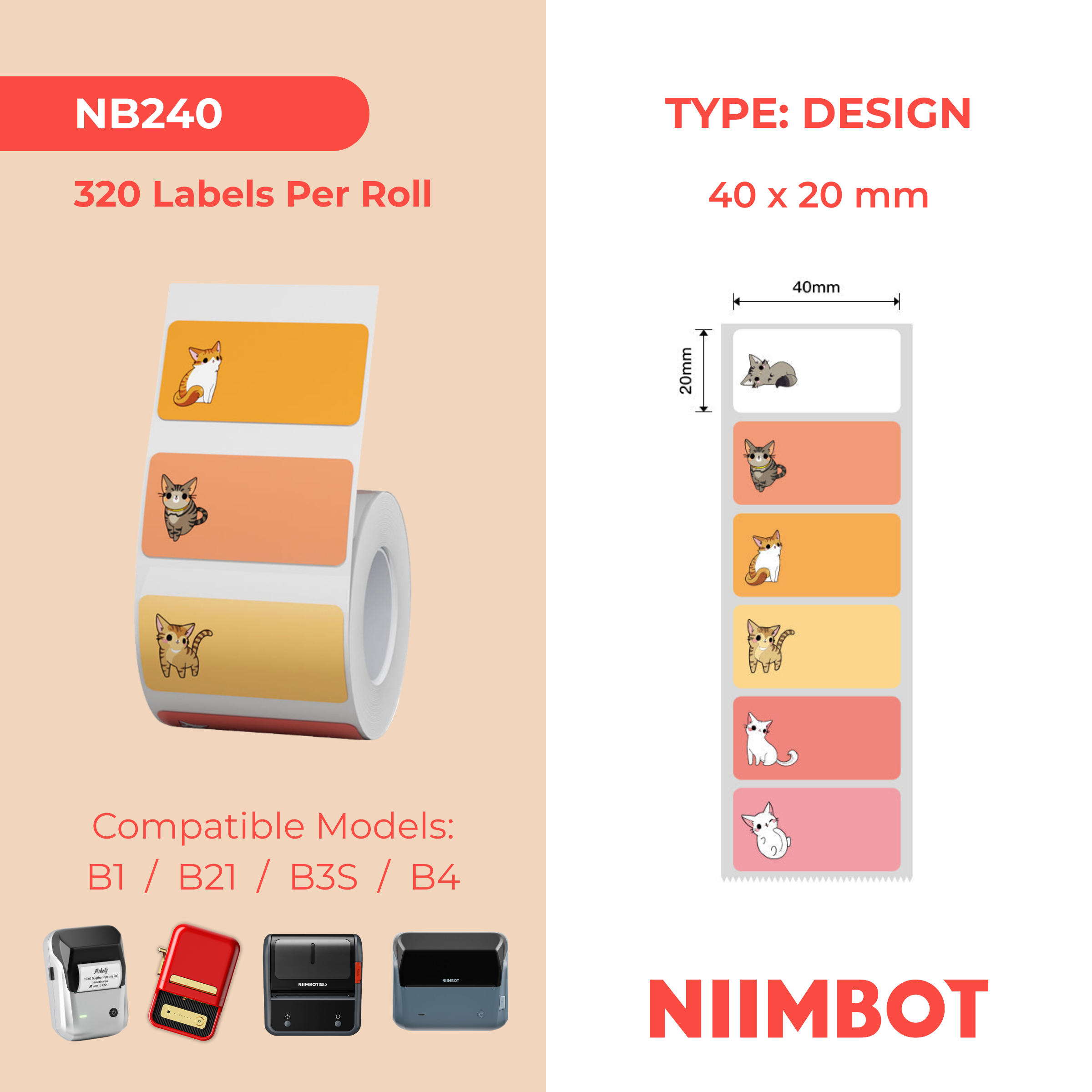 NB240 - NIIMBOT - B1 / B21 / B3S / B4 - 40X20MM - 320 RED/ORANGE THERMAL LABELS - CAT DESIGN