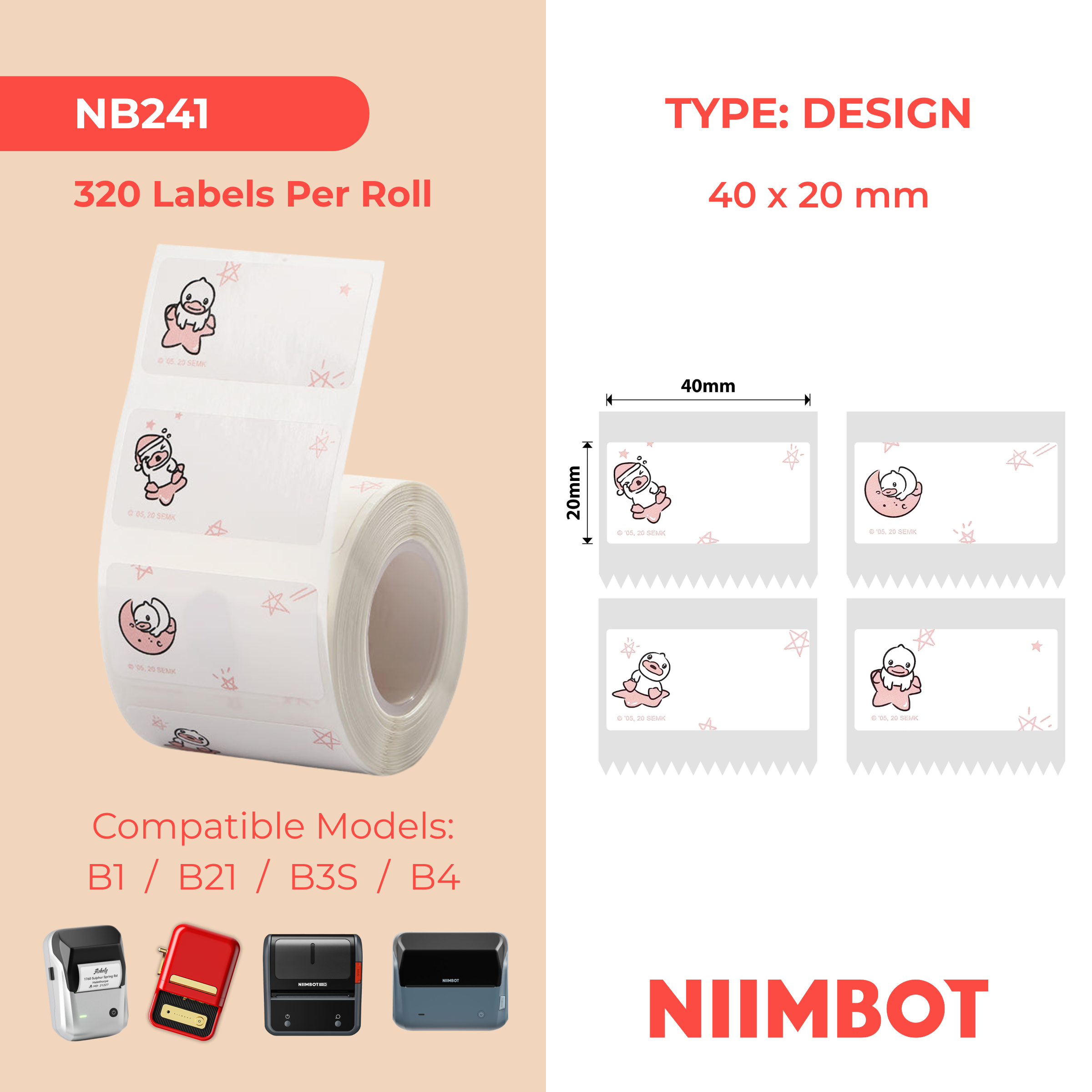 NB241 - Niimbot - B1 / B21 / B31 / B3S / B4 - 40x20mm - 320 Duck Labels