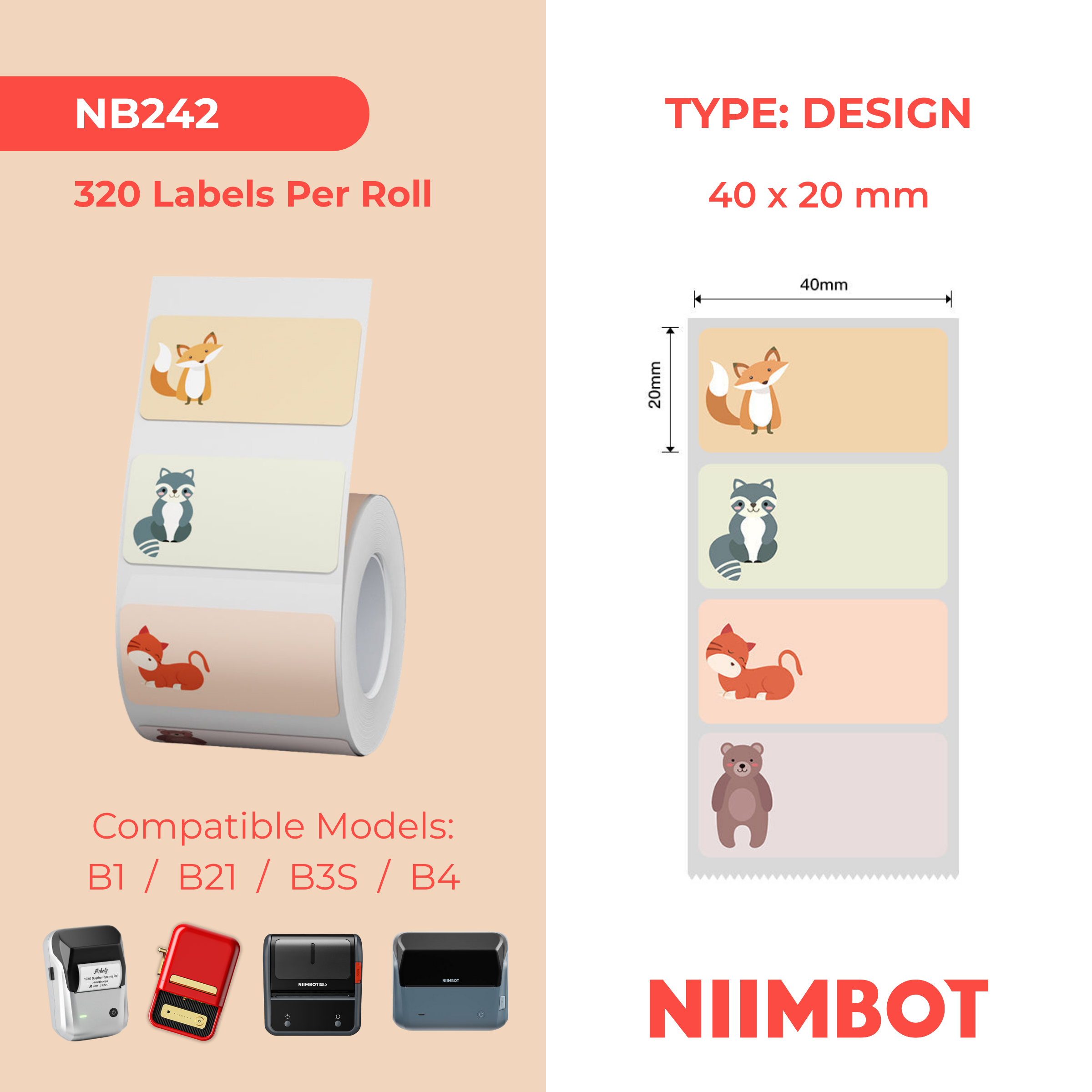 NB242 - NIIMBOT - B1 / B21 / B3S / B4 - 40X20MM - 320 THERMAL LABELS -  NAMETAG ANIMAL DESIGN