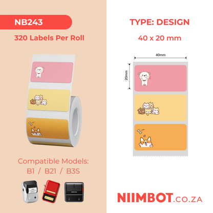 NB243 - NIIMBOT - B1 / B21 / B3S / B4 - 40X20MM - 320 PINK AND ORANGE THERMAL LABELS - CAT AND DOG DESIGN