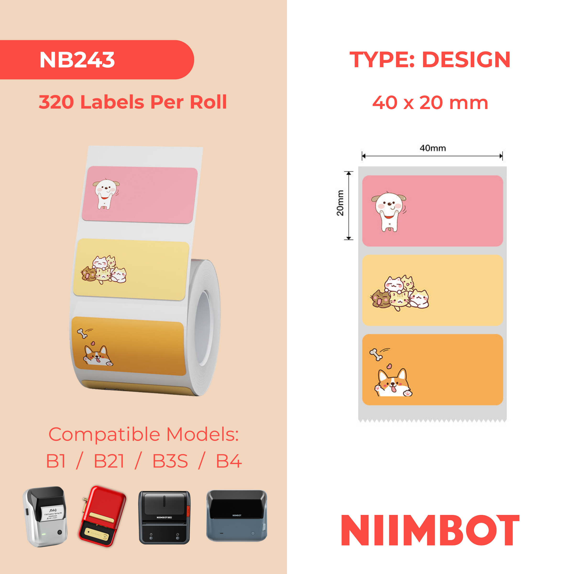 NB243 - NIIMBOT - B1 / B21 / B3S / B4 - 40X20MM - 320 PINK AND ORANGE THERMAL LABELS - CAT AND DOG DESIGN