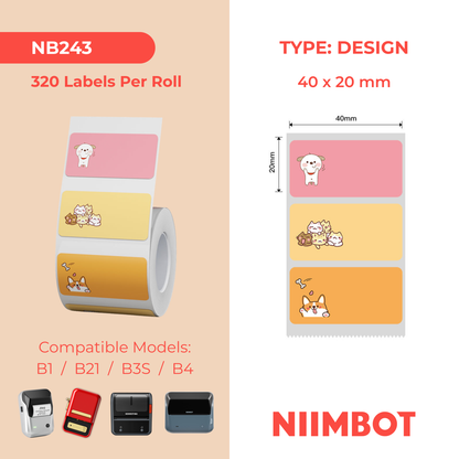 NB243 - NIIMBOT - B1 / B21 / B3S / B4 - 40X20MM - 320 PINK AND ORANGE THERMAL LABELS - CAT AND DOG DESIGN