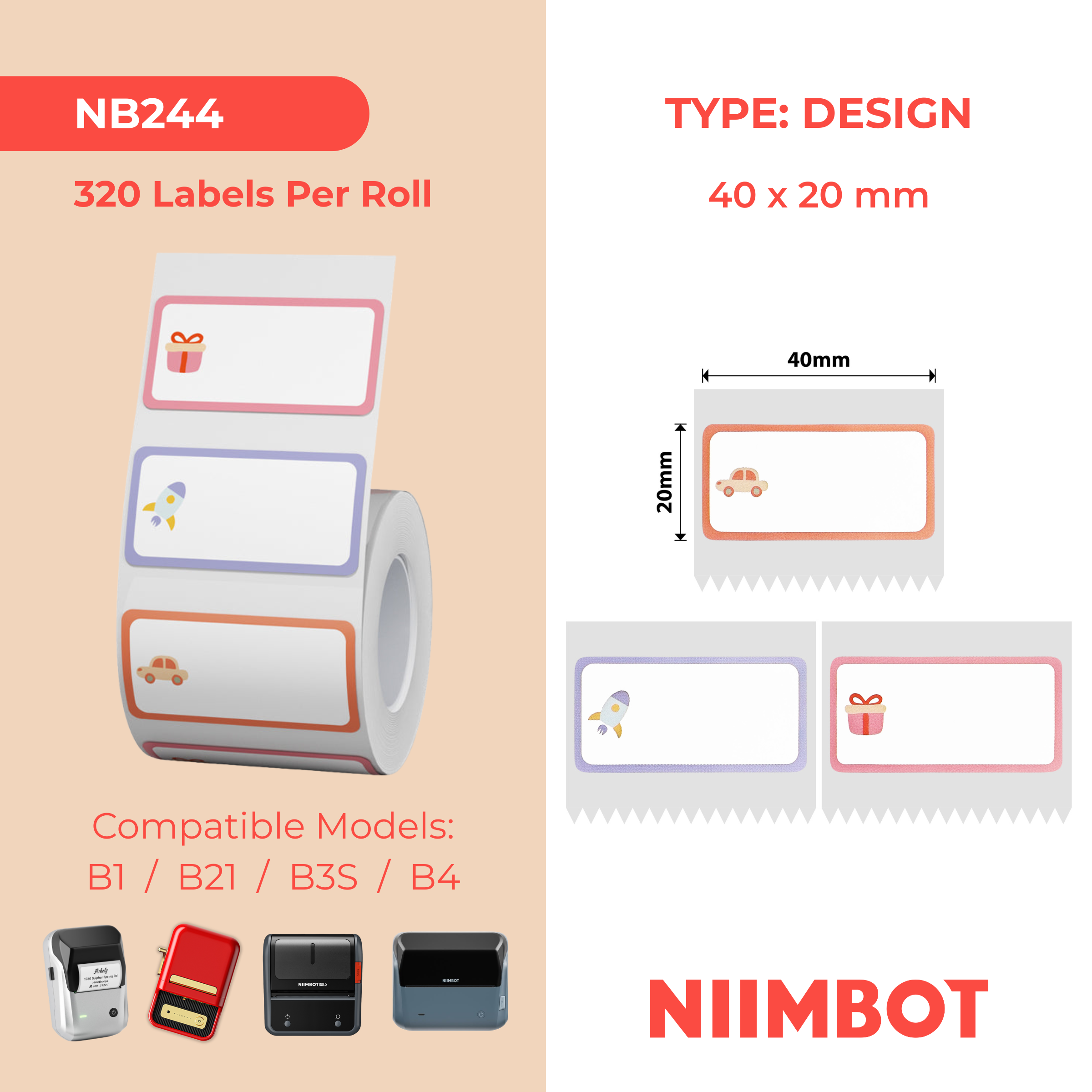 NB244 - Niimbot - B1 / B21 / B31 / B3S / B4 - 40x20mm - 320 Toy & Gift Labels