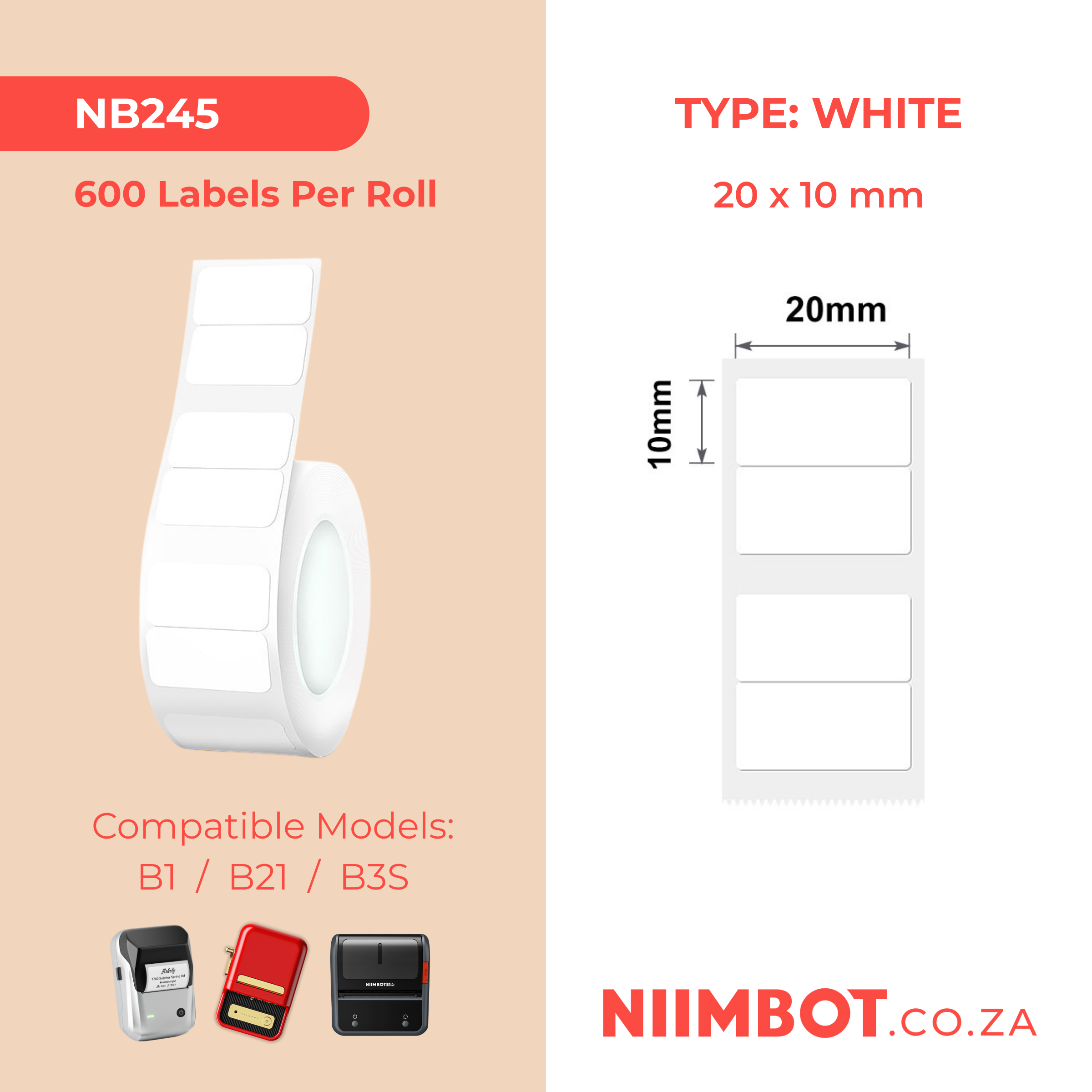NB245 - NIIMBOT - B1 / B21 / B3S / B4 - 20X10MM/2R - 600 WHITE THERMAL LABELS