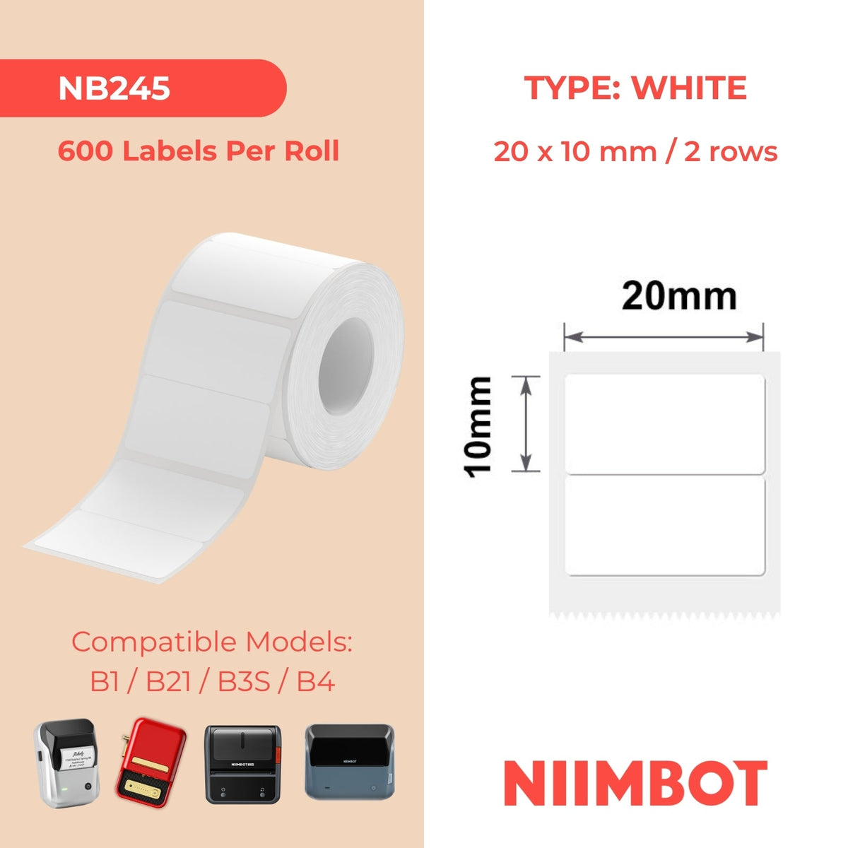 NIIMBOT - B Range - 20x10mm/2R - White - 600 Labels