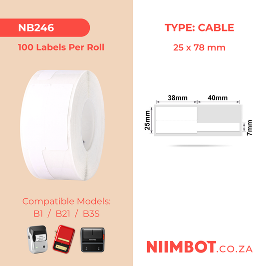 NB246 - NIIMBOT - B1 / B21 / B3S - 25X78MM - 100 LABELS PER ROLL - CABLE / JEWELLERY - WHITE
