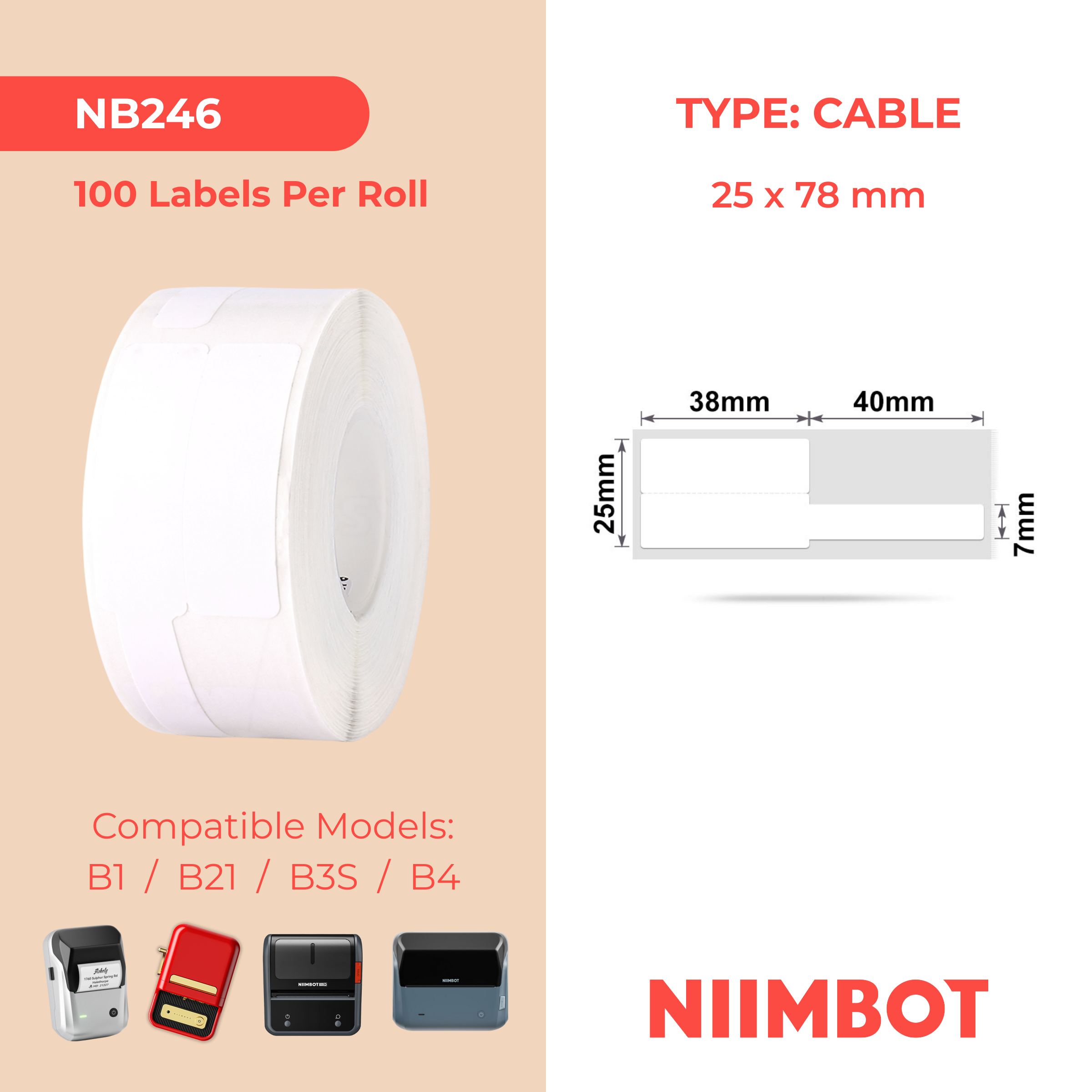 NB246 - NIIMBOT - B1 / B21 / B3S / B4 - 25X78MM - 100 LABELS PER ROLL - CABLE / JEWELLERY - WHITE