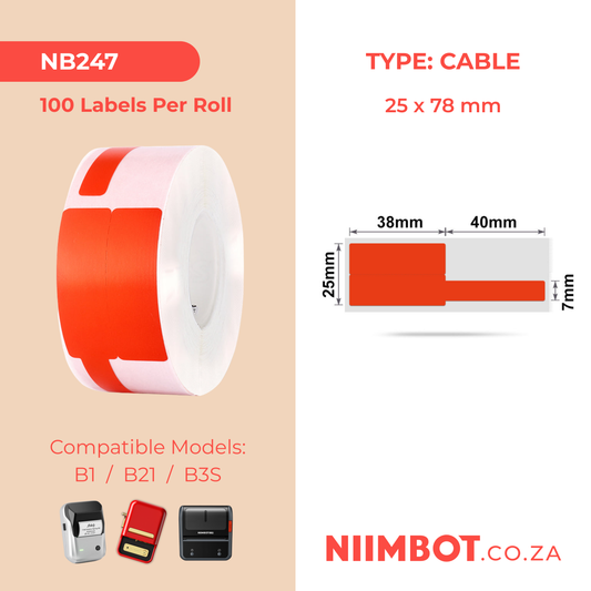 NB247 - NIIMBOT - B1 / B21 / B3S - 25X78MM - 100 LABELS PER ROLL - CABLE / JEWELLERY - RED
