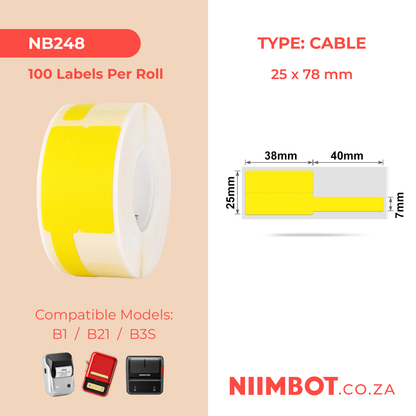 NB248 - NIIMBOT - B1 / B21 / B3S / B4 - 25X78MM - 100 LABELS PER ROLL - CABLE / JEWELLERY - YELLOW