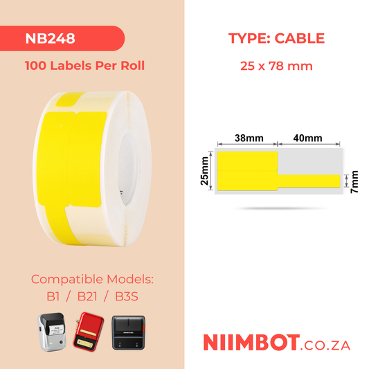 NB248 - NIIMBOT - B1 / B21 / B3S - 25X78MM - 100 LABELS PER ROLL - CABLE / JEWELLERY - YELLOW