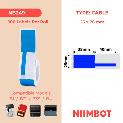 NB249 - Niimbot - B1 / B21 / B31 / B3S / B4 - 25x78mm - 100 Blue Cable Labels