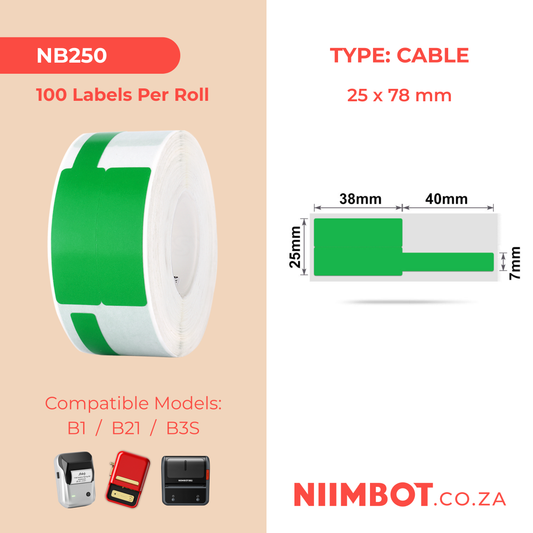 NB250 - NIIMBOT - B1 / B21 / B3S - 25X78MM - 100 LABELS PER ROLL - CABLE / JEWELLERY - GREEN