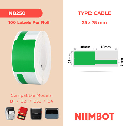 NB250 - NIIMBOT - B1 / B21 / B3S / B4 - 25X78MM - 100 LABELS PER ROLL - CABLE / JEWELLERY - GREEN