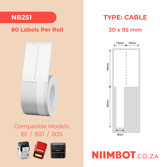 NB251 - NIIMBOT - B1 / B21 / B3S - R03F - 30X95MM (30X45+50X9) - 80 LABELS PER ROLL - CABLE - WHITE