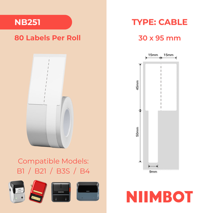 NB251 - NIIMBOT - B1 / B21 / B3S / B4 - R03F - 30X95MM (30X45+50X9) - 80 LABELS PER ROLL - CABLE - WHITE