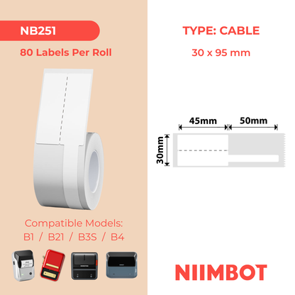NB251 - Niimbot - B1 / B21 / B31 / B3S / B4 - 30x95mm - 80 White Cable Labels