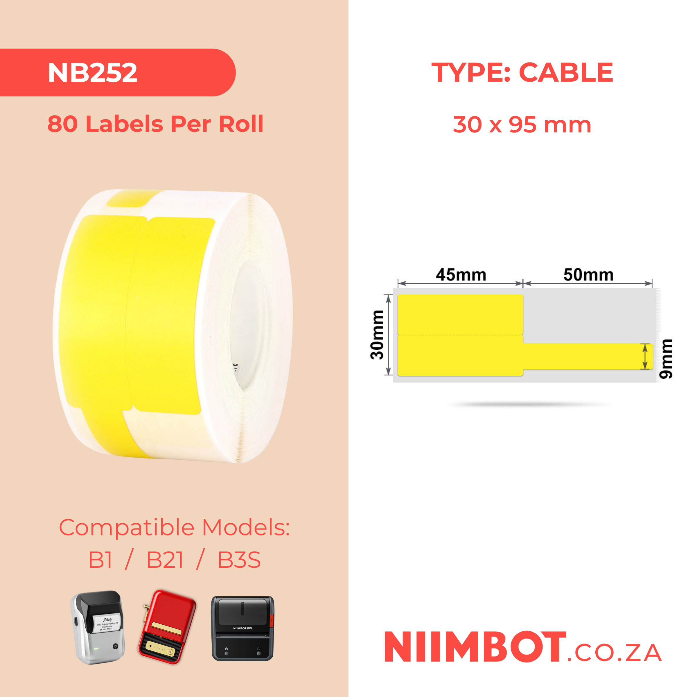 NB252 - NIIMBOT - B1 / B21 / B3S / B4 - 30X95MM - 100 LABELS PER ROLL - CABLE / JEWELLERY - YELLOW