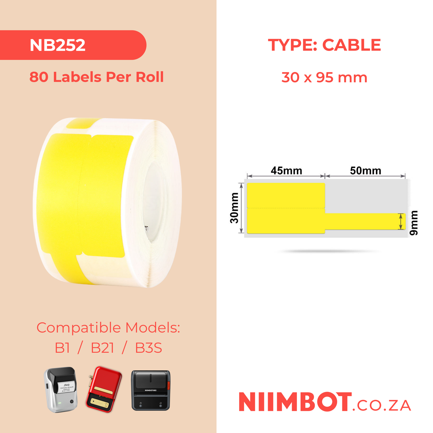 NB252 - NIIMBOT - B1 / B21 / B3S - 30X95MM - 100 LABELS PER ROLL - CABLE / JEWELLERY - YELLOW