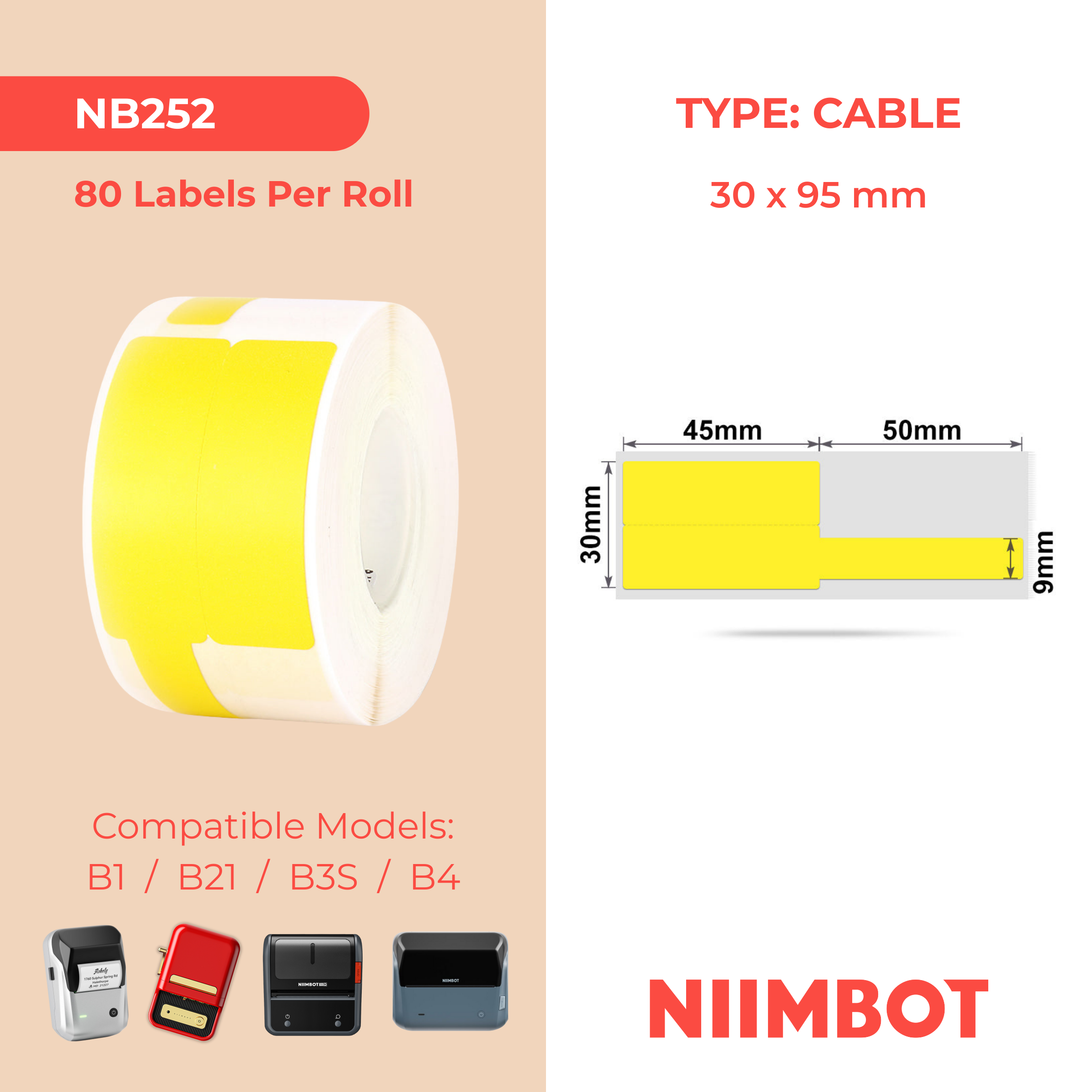 NB252 - Niimbot - B1 / B21 / B3S / B4 - 30x95mm - 80 Yellow Cable Labels