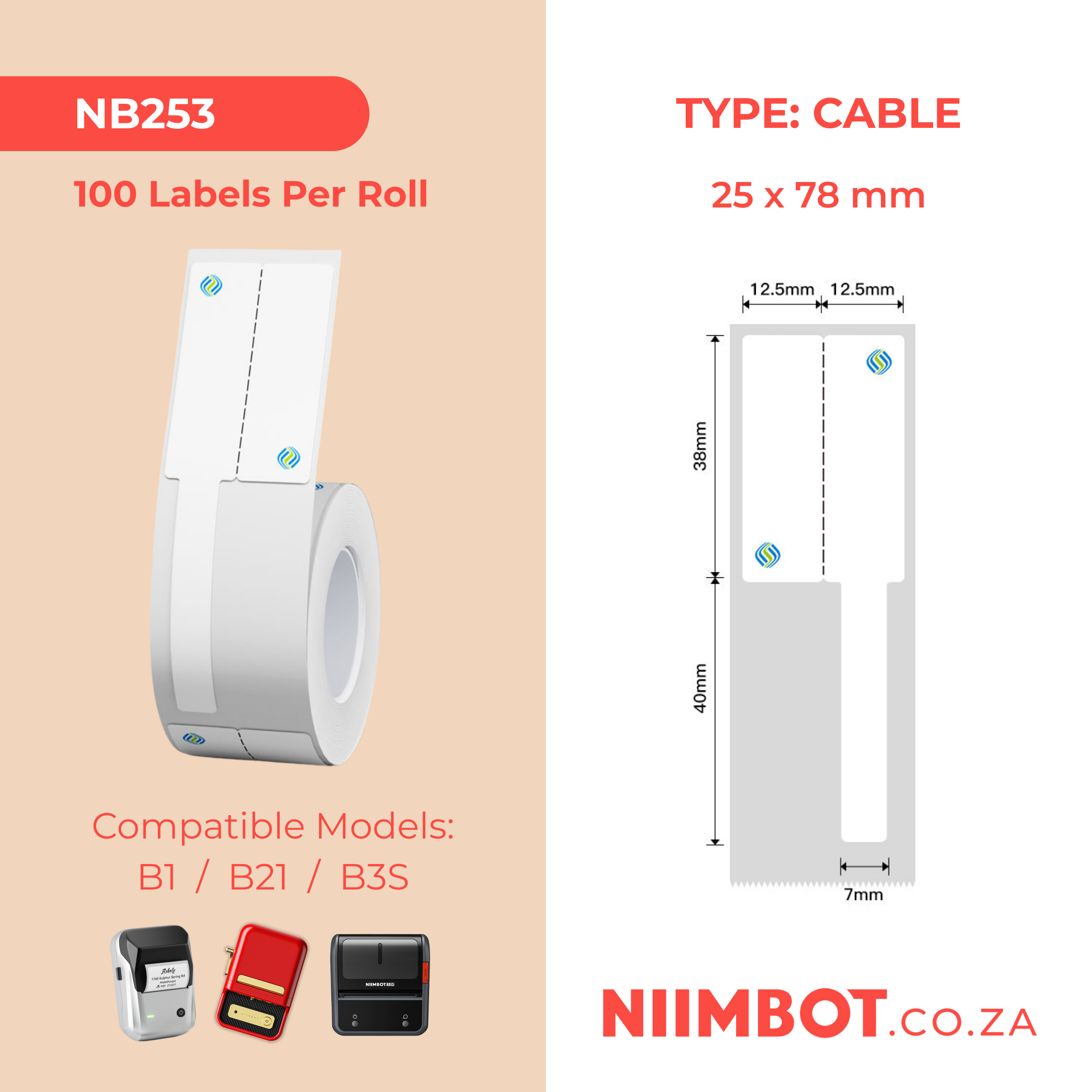 NB253 - NIIMBOT - B1 / B21 / B3S / B4 - R02F - 25X78MM (25X38+40X7) - 100 LABELS PER ROLL - CMC LOGO - CABLE DESIGN