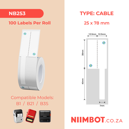 NB253 - NIIMBOT - B1 / B21 / B3S / B4 - R02F - 25X78MM (25X38+40X7) - 100 LABELS PER ROLL - CMC LOGO - CABLE DESIGN