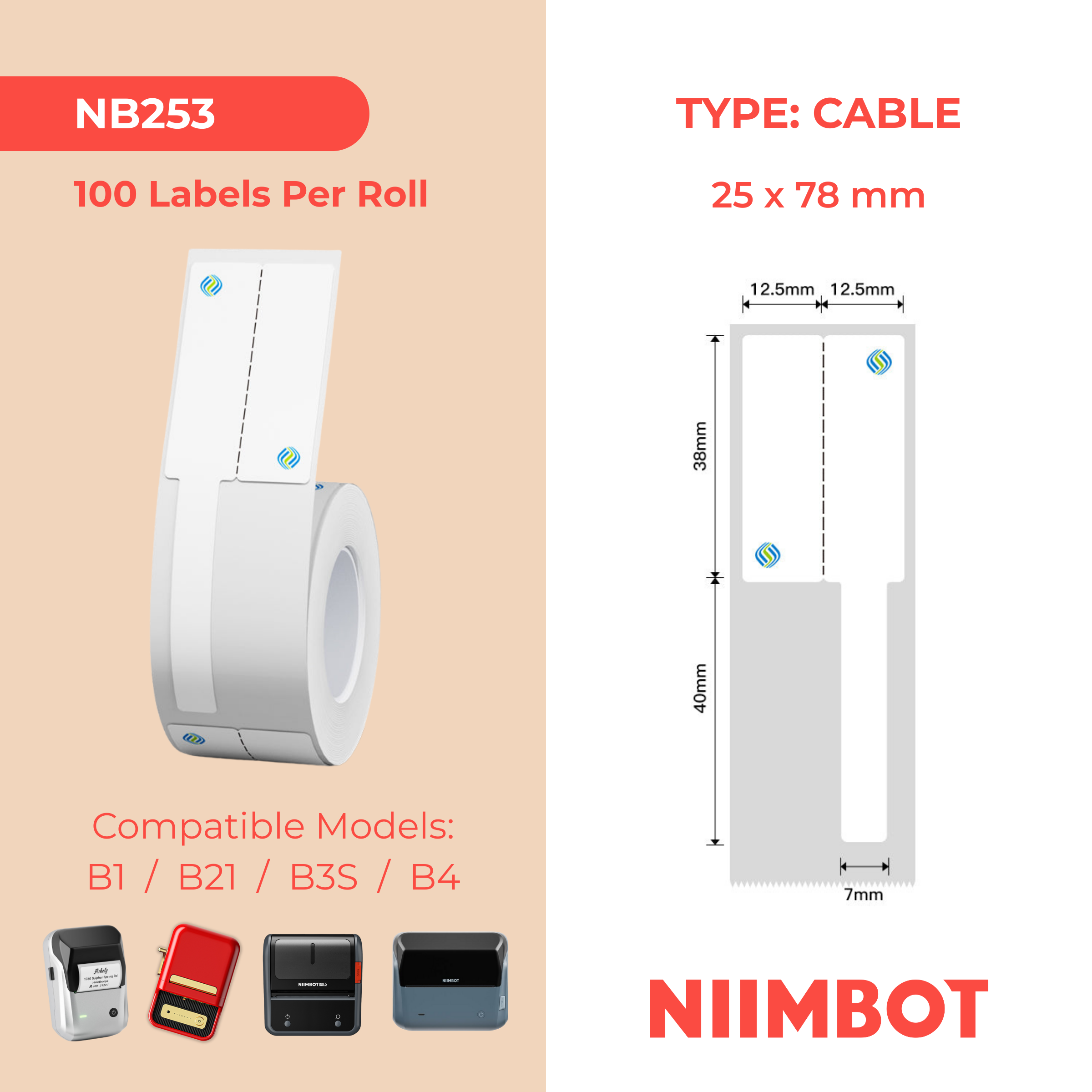 NB253 - NIIMBOT - B1 / B21 / B3S / B4 - R02F - 25X78MM (25X38+40X7) - 100 LABELS PER ROLL - CMC LOGO - CABLE DESIGN