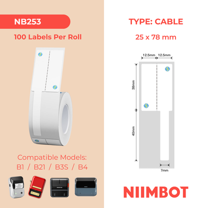 NB253 - NIIMBOT - B1 / B21 / B3S / B4 - R02F - 25X78MM (25X38+40X7) - 100 LABELS PER ROLL - CMC LOGO - CABLE DESIGN