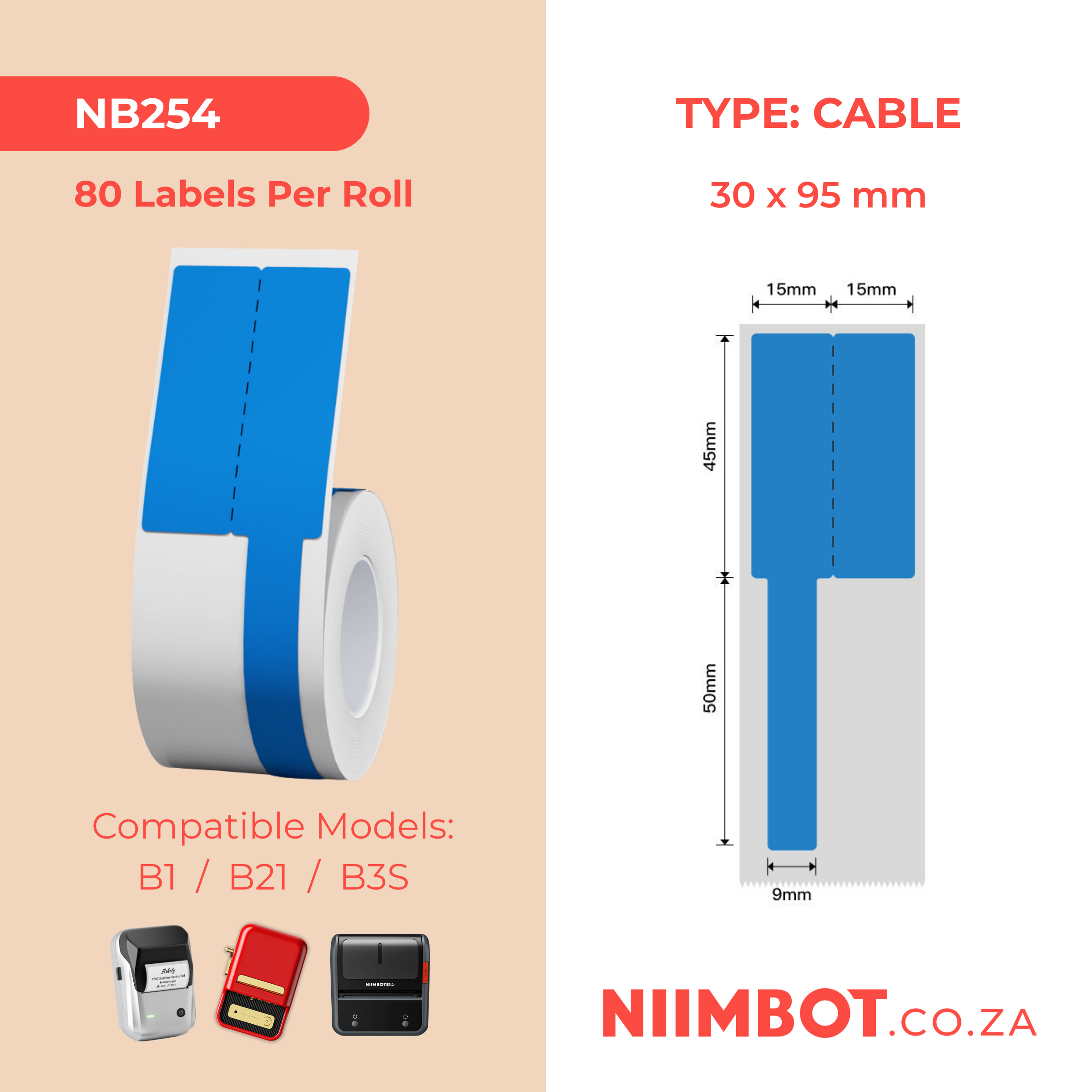 NB254 - NIIMBOT - B1 / B21 / B3S / B4 - R03F - 30X95MM (30X45+50X9) - 80 BLUE THERMAL LABELS - CABLE DESIGN