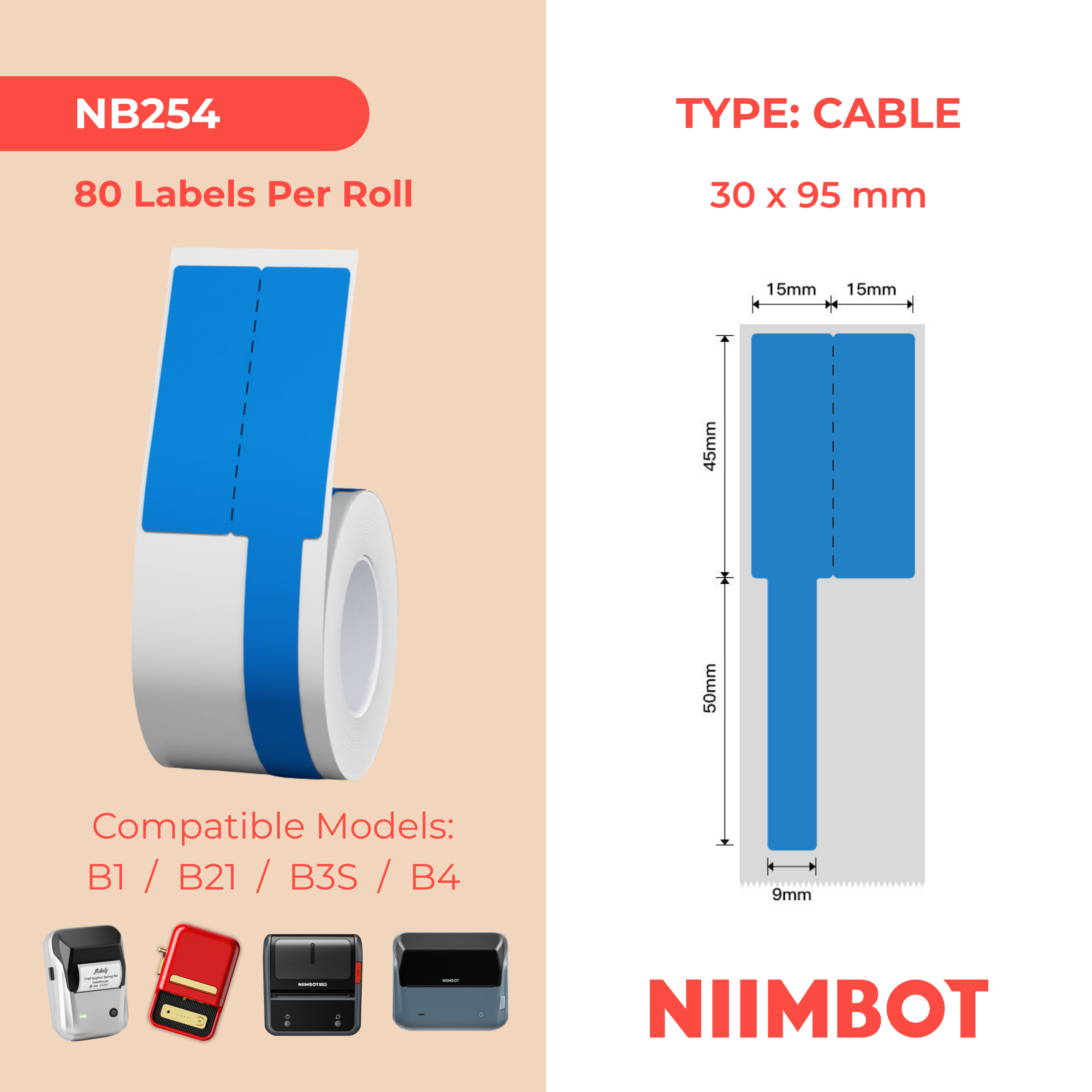 NB254 - NIIMBOT - B1 / B21 / B3S / B4 - R03F - 30X95MM (30X45+50X9) - 80 BLUE THERMAL LABELS - CABLE DESIGN