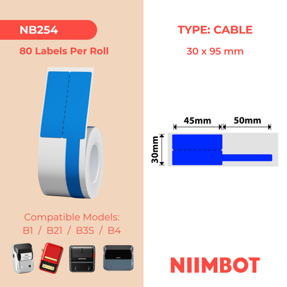 NB254 - Niimbot - B1 / B21 / B31 / B3S / B4 - 30x95mm - 80 Blue Cable Labels