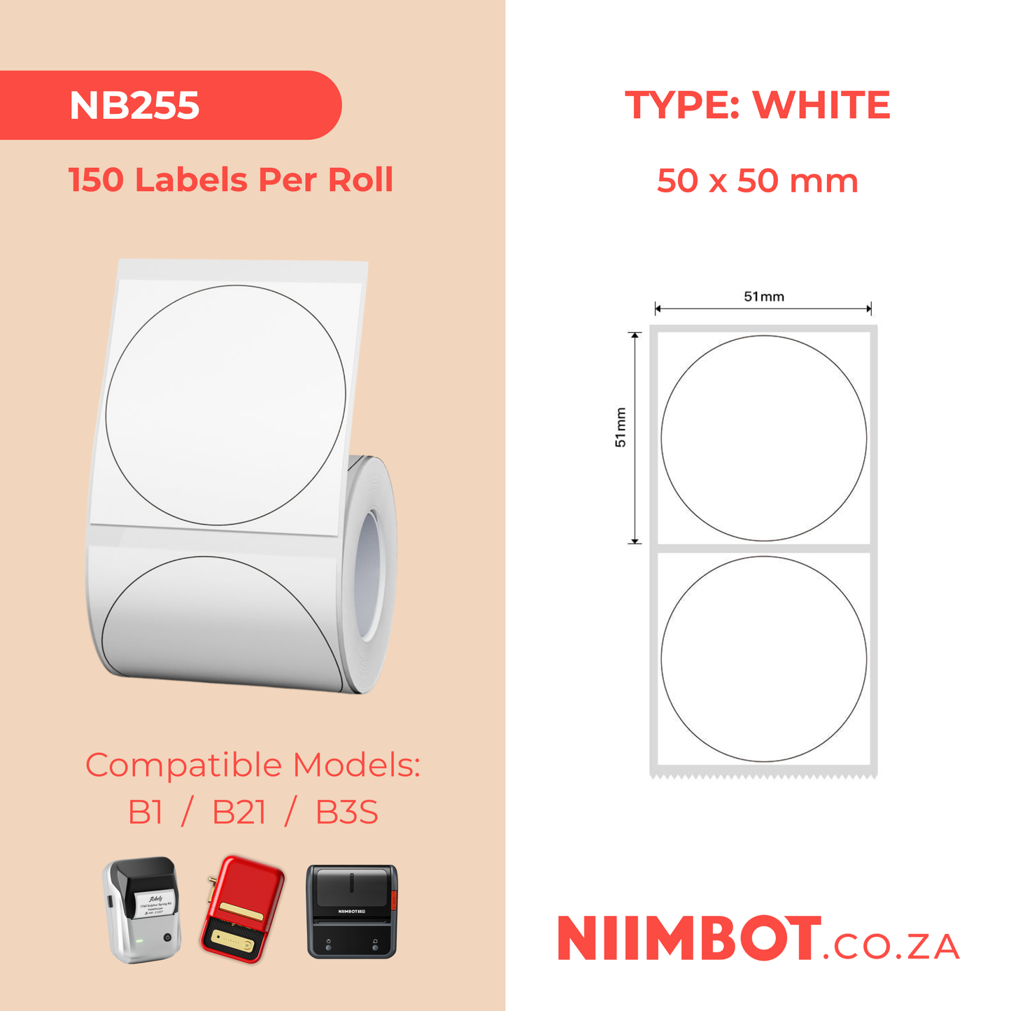 NB255 - NIIMBOT - B1 / B21 / B3S - T50X50MM - 150 LABELS PER ROLL - ROUND - WHITE