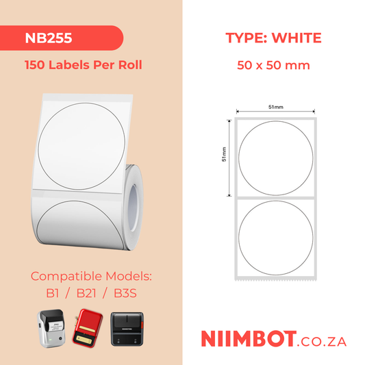 NB255 - NIIMBOT - B1 / B21 / B3S - T50X50MM - 150 LABELS PER ROLL - ROUND - WHITE