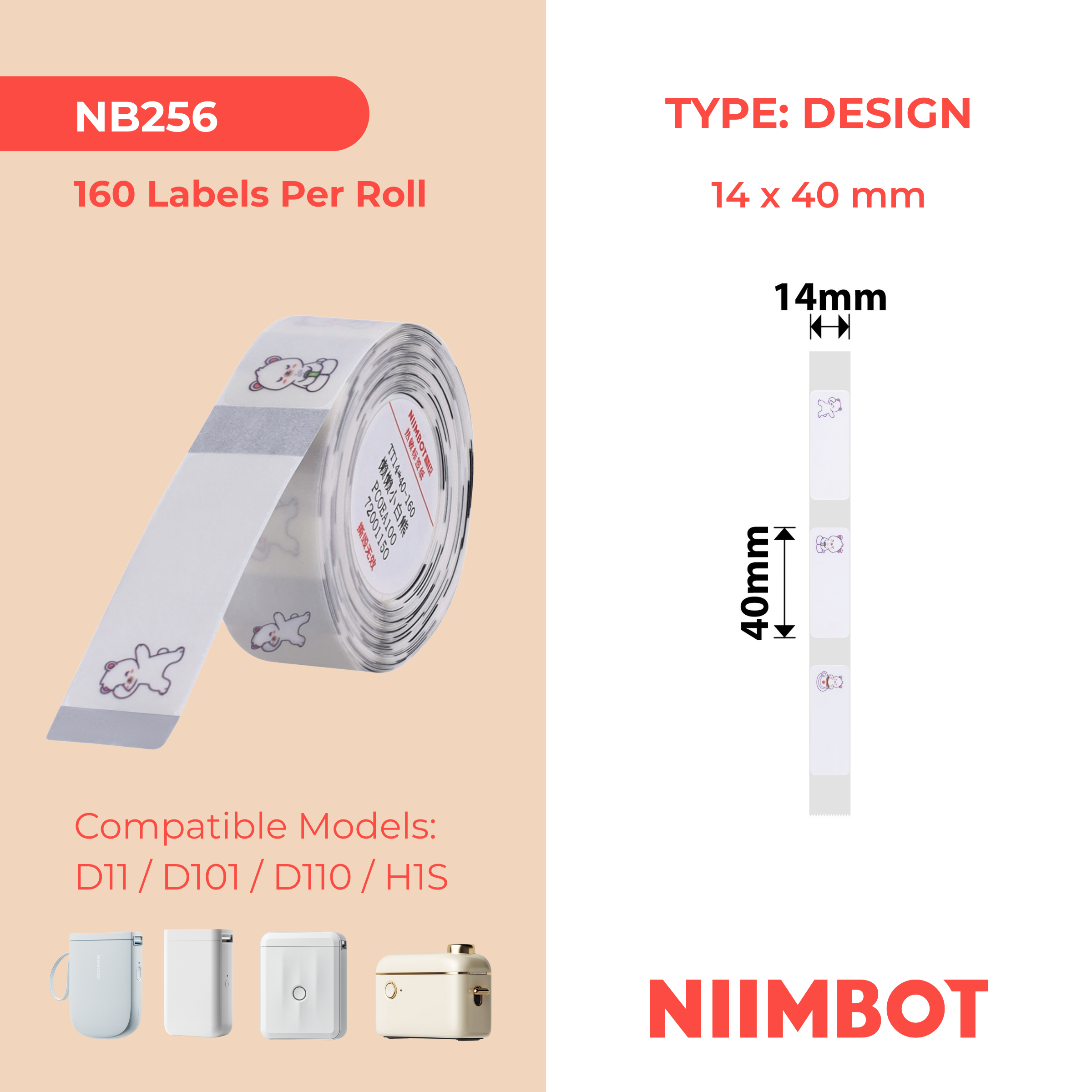 NB256 - NIIMBOT - D11 / D101 / D110 / H1S - ER14X40MM - 160 LABELS PER ROLL - LAZY BEAR DESIGN