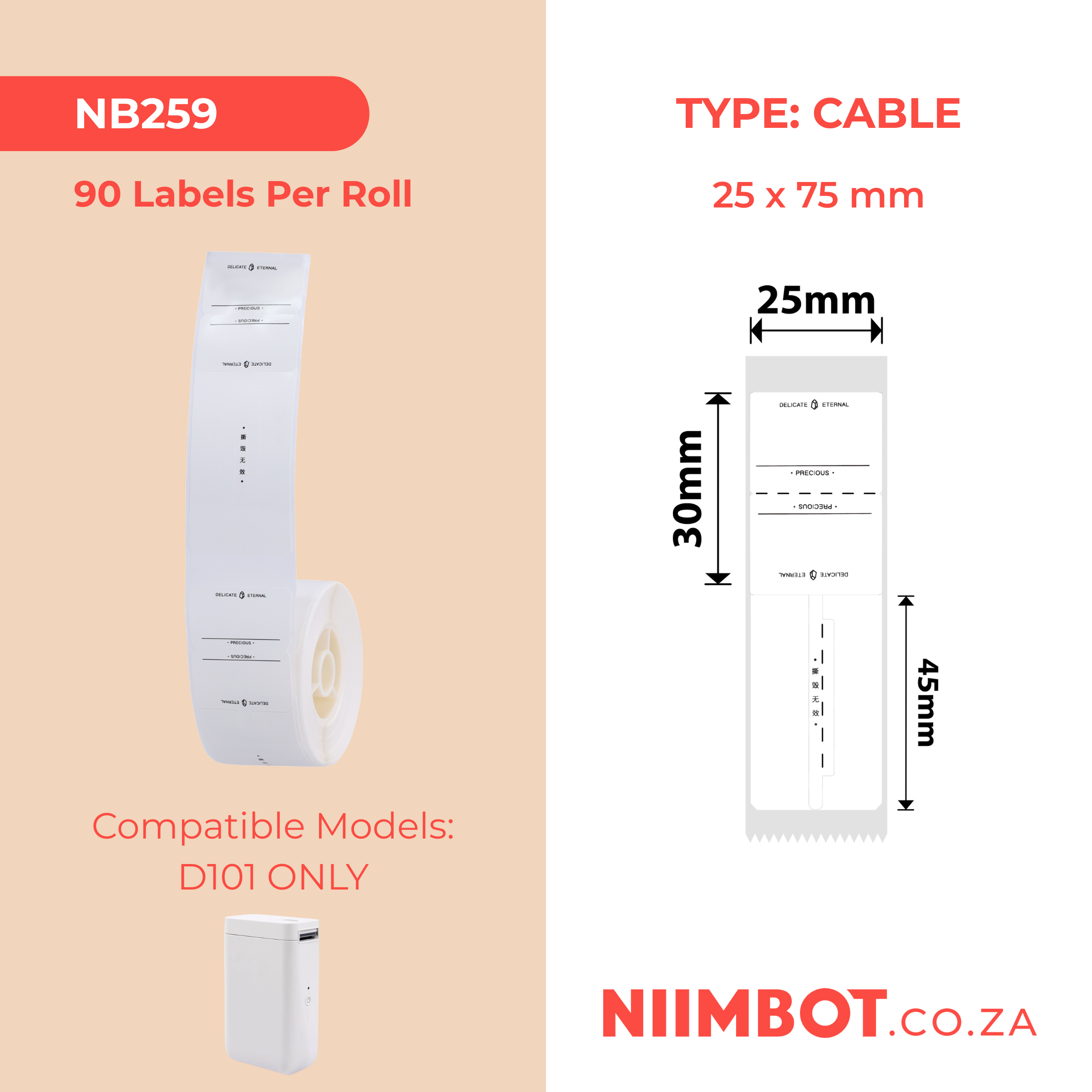 NB259 - NIIMBOT - D101 ONLY - R02T-25X75MM - 90 LABELS PER ROLL - JEWELLERY TAG ETERNAL DESIGN