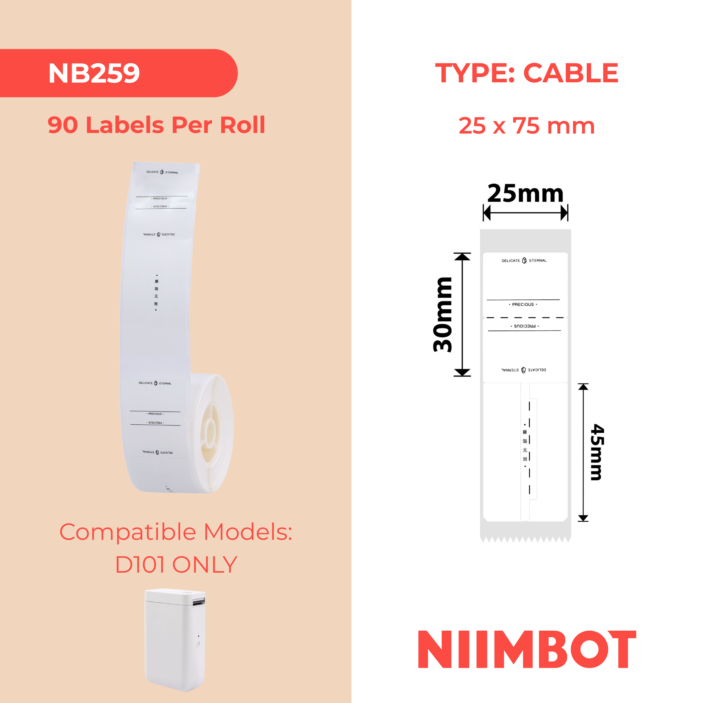 NB259 - Niimbot - D101 Only - 25x75mm - 90 Eternal Jewellery Tag Labels
