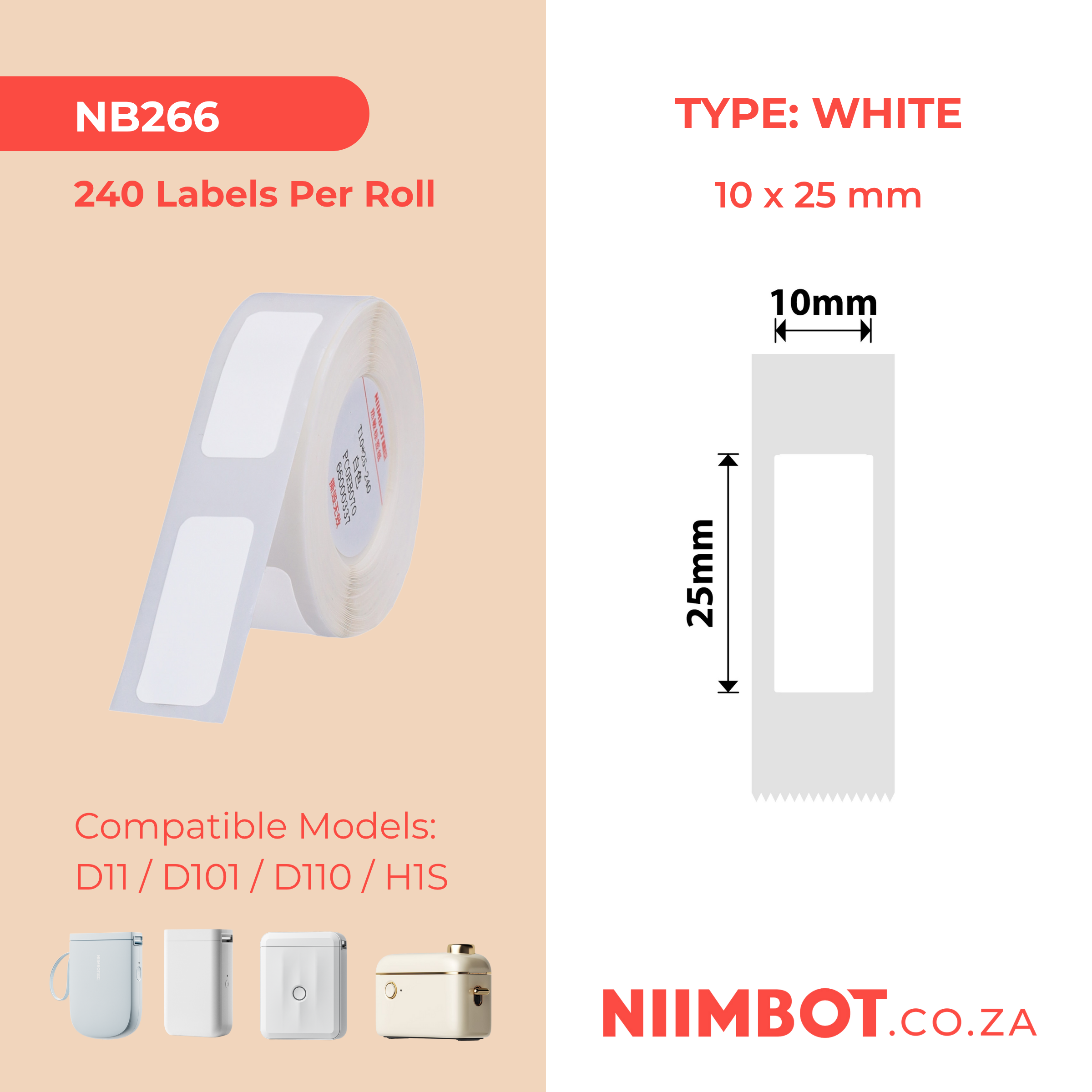 NB266 - NIIMBOT - D11 / D101 / D110 / H1S - R10X25MM - 240 LABELS PER ROLL - WHITE