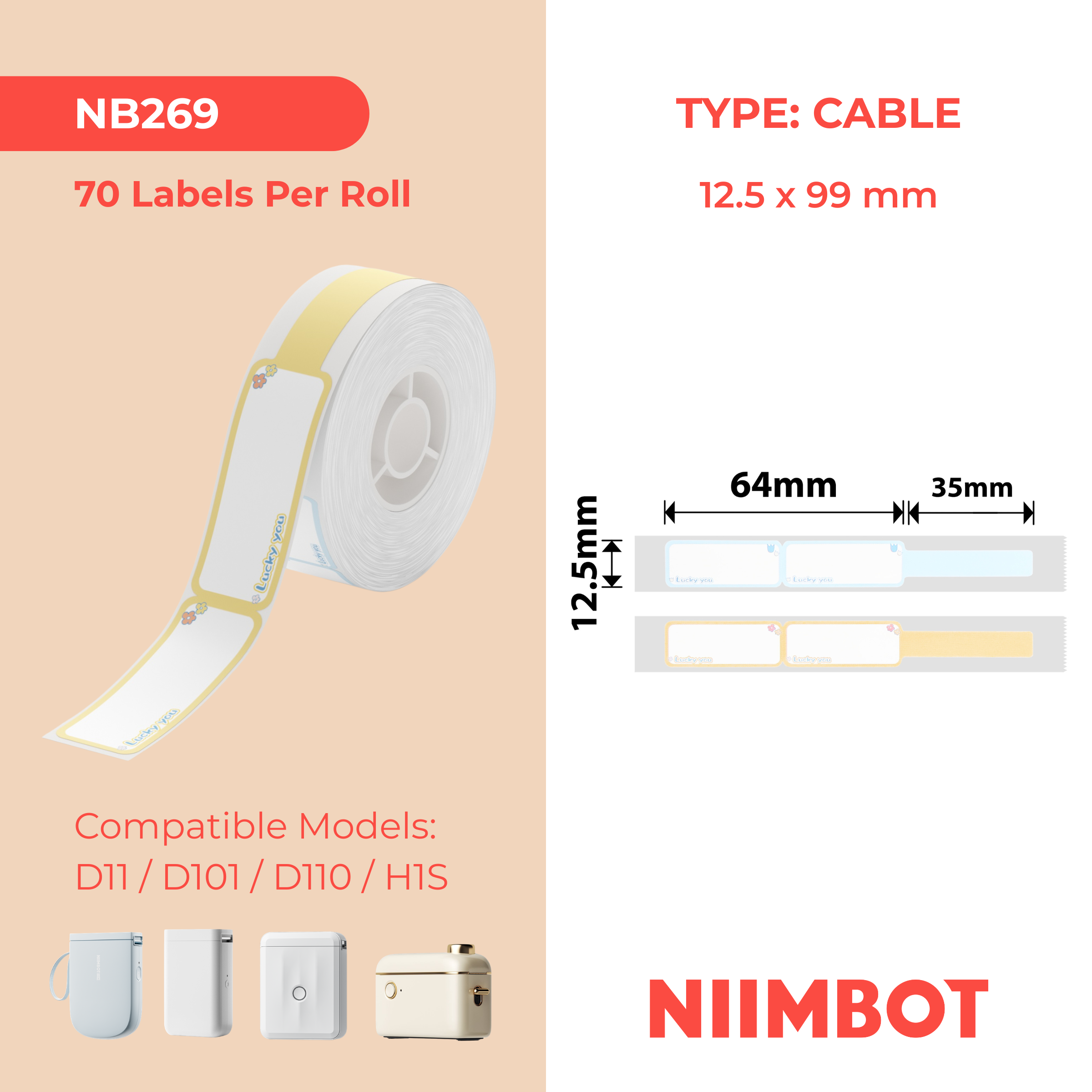 NB269 - Niimbot - D11 / D101 / D110 / H1S - 12.5x99mm - 70 Lucky Cable Labels