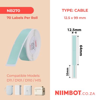 NB270 - NIIMBOT - D11 / D101 / D110 / H1S - R12.5X99MM - 70 LABELS PER ROLL - MINT CABLE DESIGN