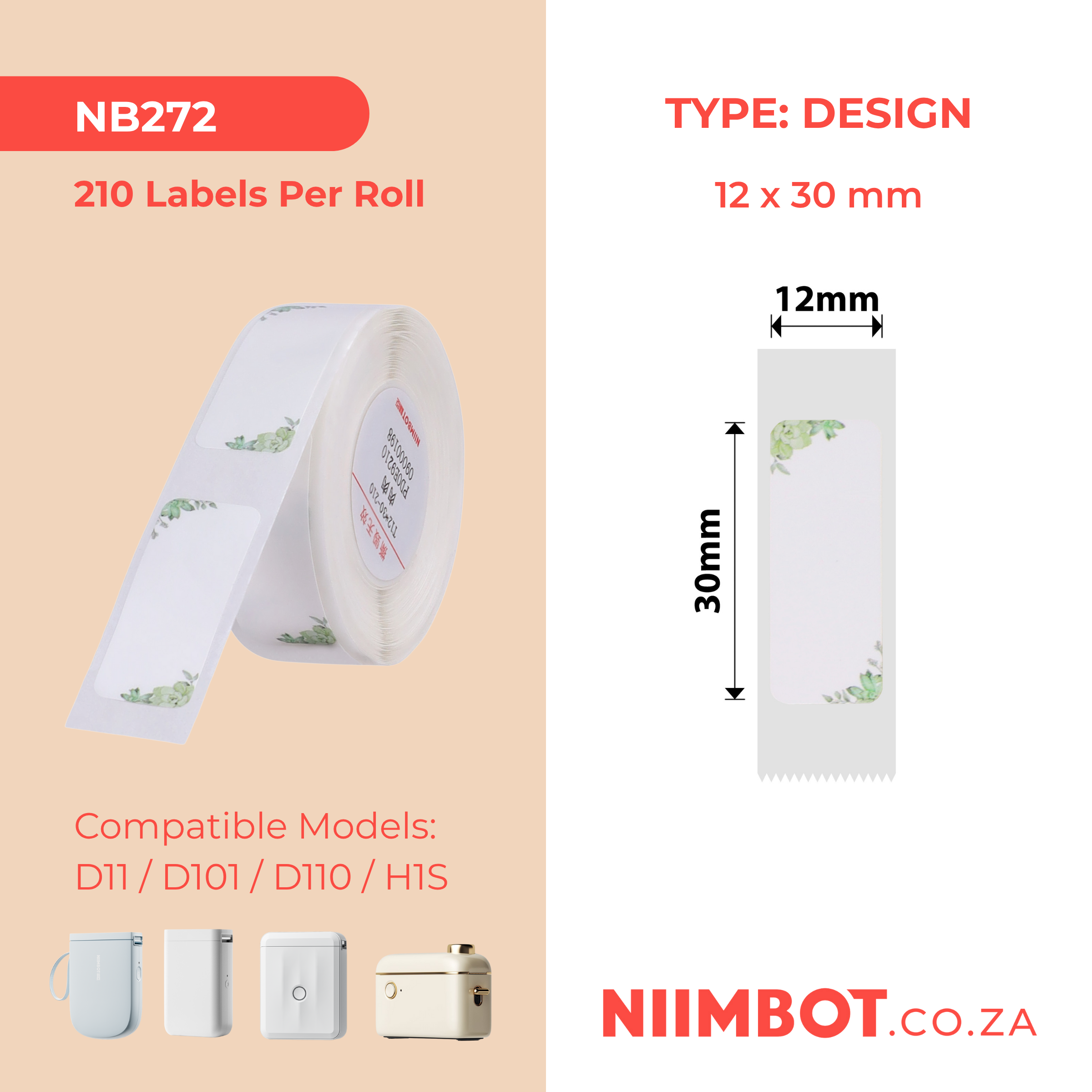 NB272 - NIIMBOT - D11 / D101 / D110 / H1S - R12X30MM - 210 LABELS PER ROLL - GREEN LEAVES DESIGN