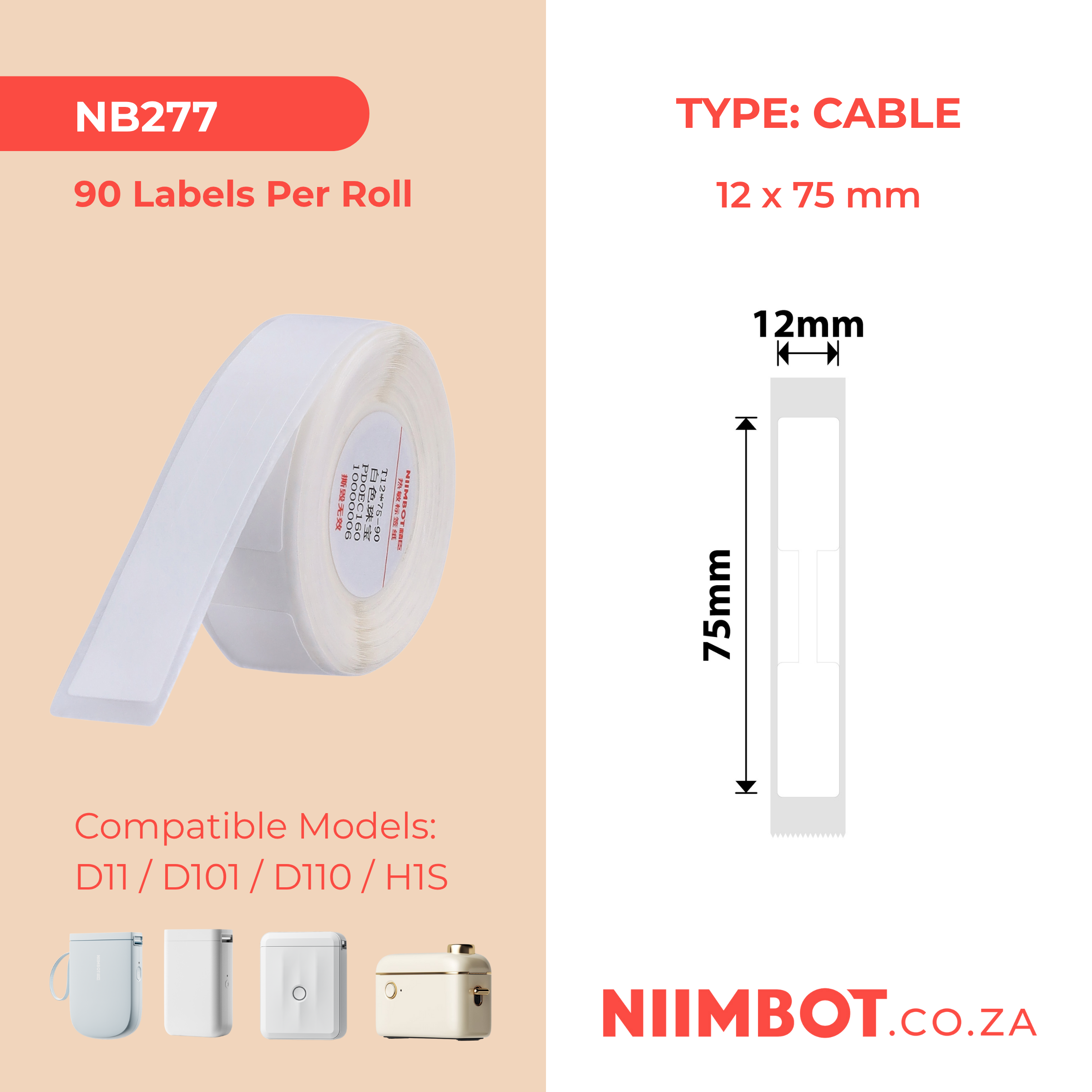 NB277 - NIIMBOT - D11 / D101 / D110 / H1S - R12X75MM - 90 LABELS PER ROLL - JEWELLERY - WHITE